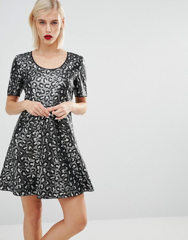 Love Moschino Sequin Leopard Skater Dress - Black