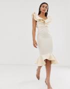 Asos Design Premium Quilted Bardot Pep Hem Midi Dress-beige