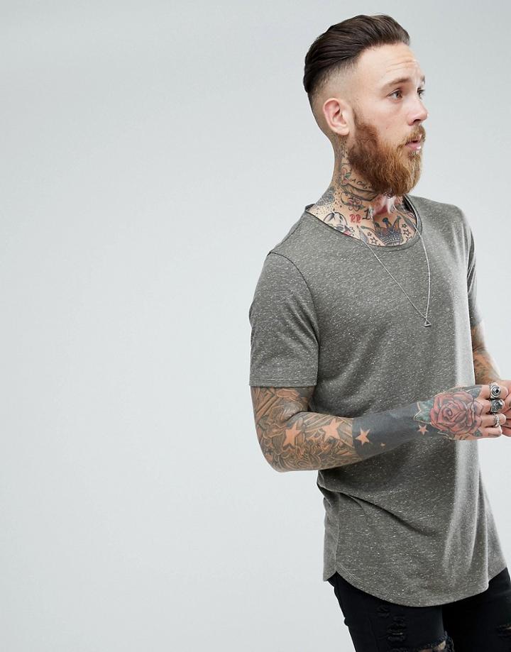 Asos Design Relaxed Longline T-shirt With Raw Scoop Neck And Curve Hem In Linen Mix In Khaki - Green