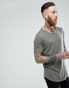 Asos Design Relaxed Longline T-shirt With Raw Scoop Neck And Curve Hem In Linen Mix In Khaki - Green