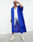 Asos Design Super Longline Satin Kimono In Recycled Polyester In Cobalt Blue