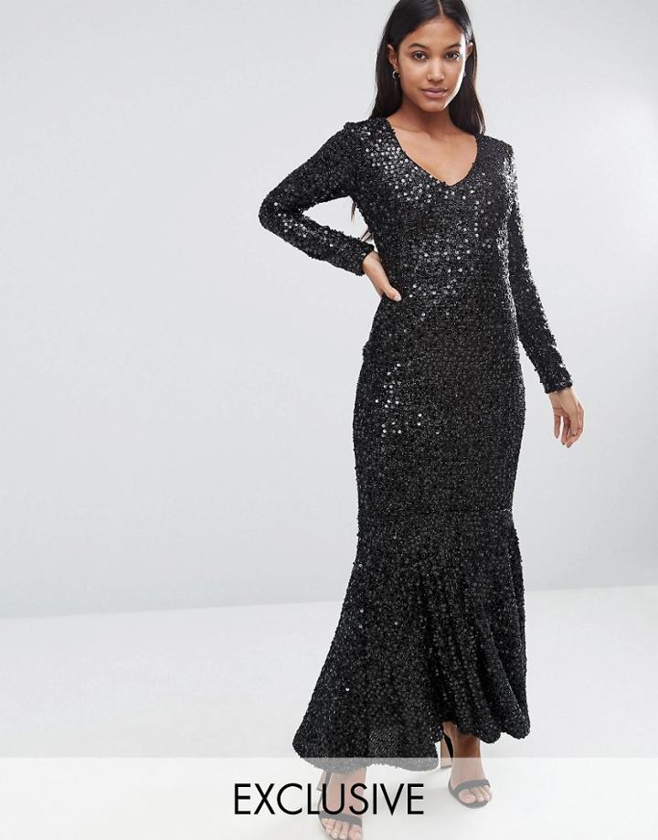 Club L V Front Velvet Sequin Maxi Dress With Fishtail - Black