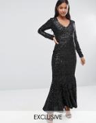 Club L V Front Velvet Sequin Maxi Dress With Fishtail - Black