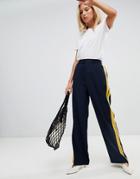 Warehouse Wide Leg Pants With Side Stripe In Navy - Navy