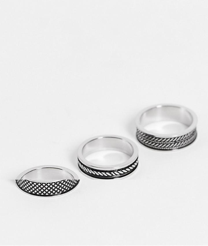 Asos Design 3 Pack Waterproof Stainless Steel Band Ring Set With Embossed Details In Silver-multi