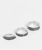 Asos Design 3 Pack Waterproof Stainless Steel Band Ring Set With Embossed Details In Silver-multi