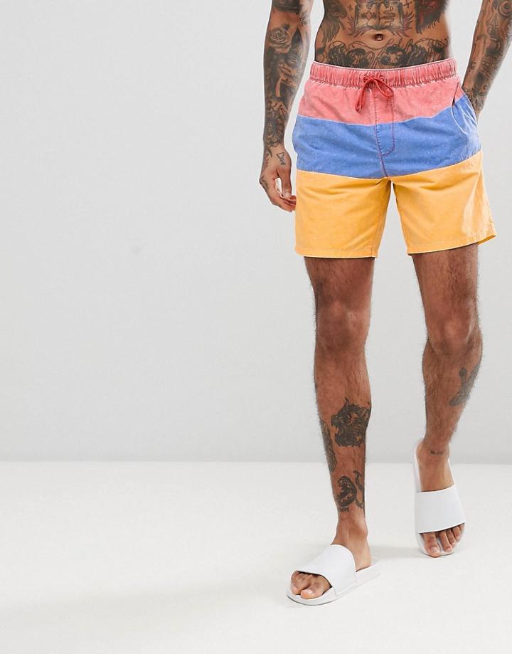 Asos Design Swim Shorts In Acid Wash Color Block In Mid Length - Orange