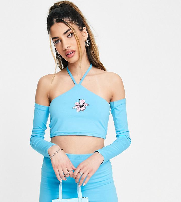 Collusion Flower Print Halter Crop Top With Removable Sleeves In Aqua - Part Of A Set-blue