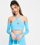Collusion Flower Print Halter Crop Top With Removable Sleeves In Aqua - Part Of A Set-blue