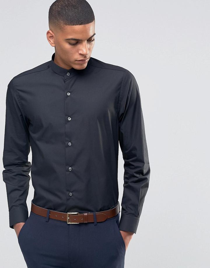 Number Eight Savile Row Skinny Grandad Shirt - Black