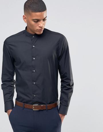 Number Eight Savile Row Skinny Grandad Shirt - Black