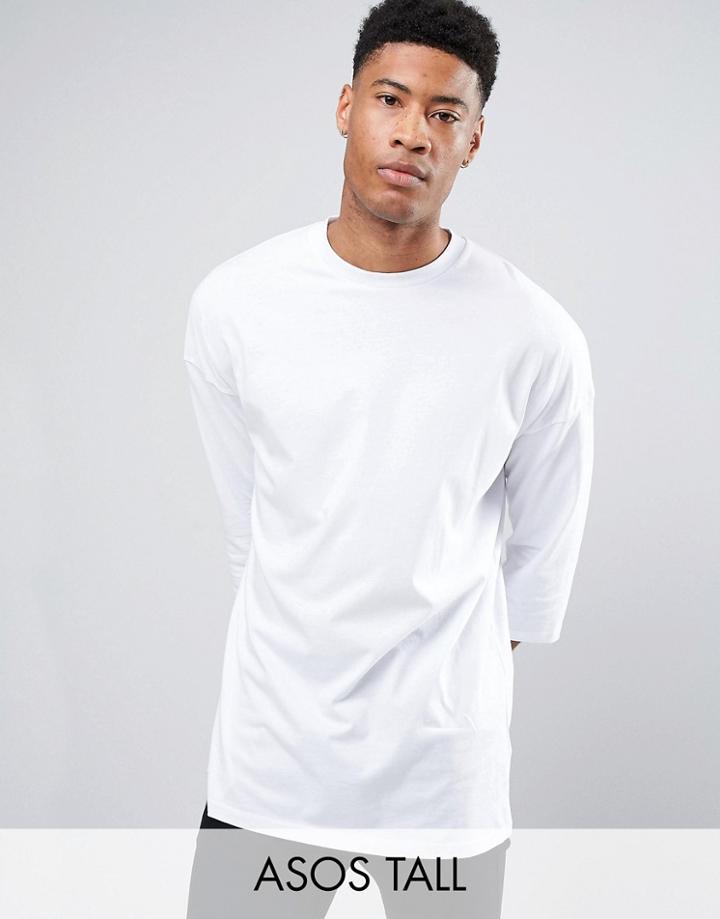 Asos Tall Oversized 3/4 Sleeve T-shirt In White - White