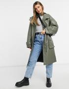 Asos Design Leather Look Oversized Parka With Quilted Lining In Khaki-green