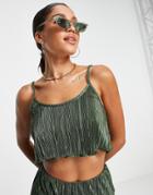 Asos Design Floaty Cami Beach Set Crop Top In Khaki Plisse-green