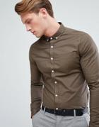 Asos Design Casual Skinny Oxford Shirt In Khaki - Green