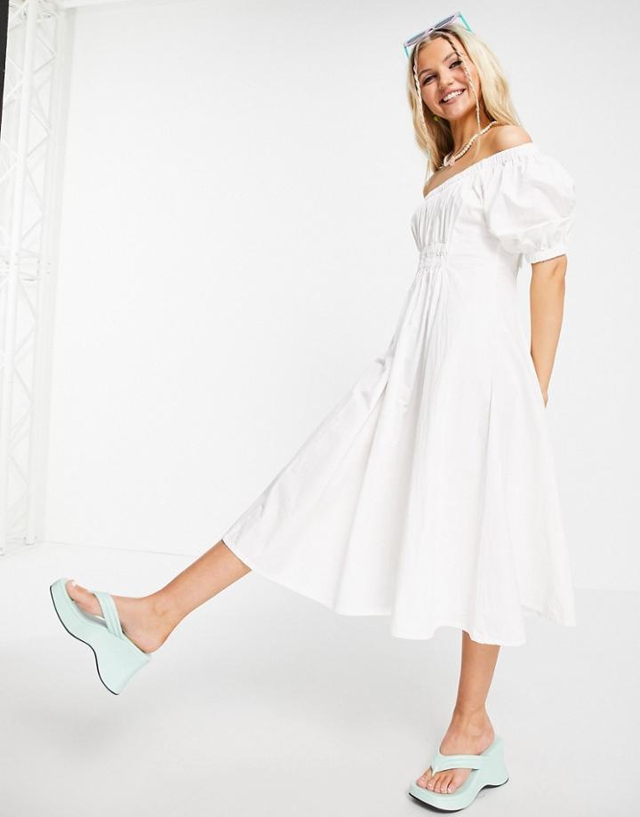 Urban Revivo Off Shoulder Gathered Waist Midi Smock Dress In White