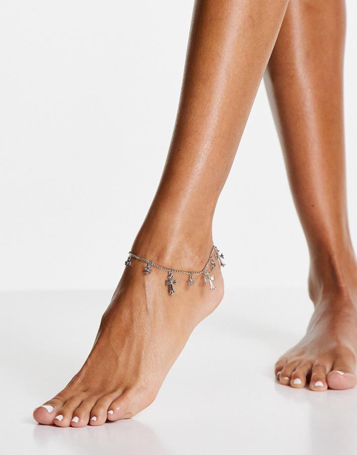 Asos Design Anklet With Crosses In Silver Tone
