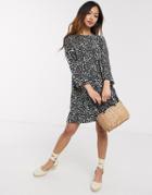 Asos Design Long Sleeve Smock Mini Dress In Mono Leopard-multi