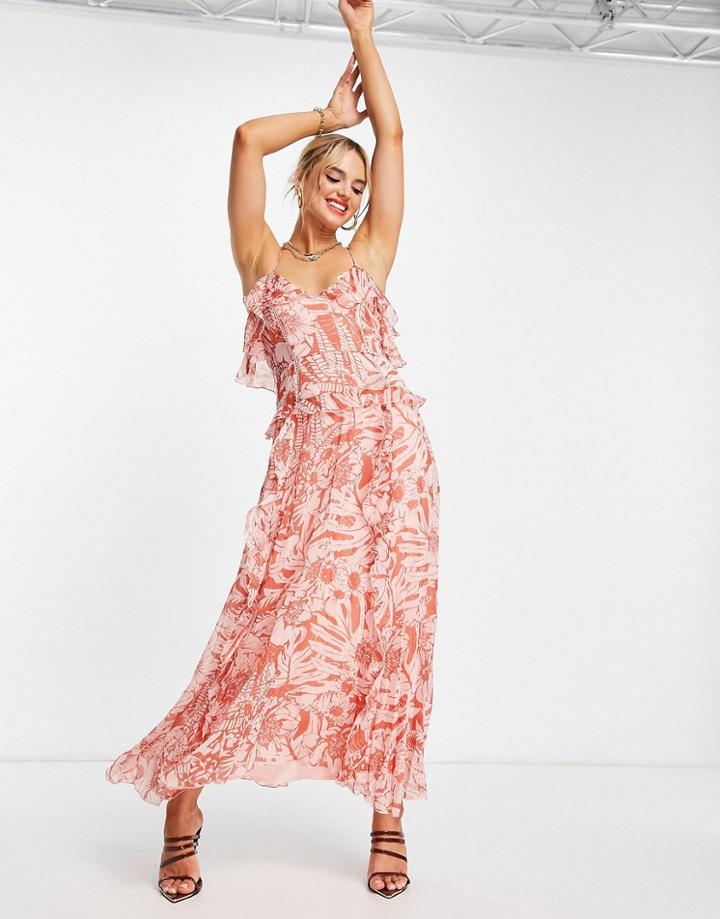 Asos Design Pleated Cross Back Cami Midi Dress With Frills In Floral Print-multi