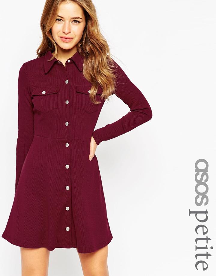 Asos Petite Button Through Dress In Rib Texture - Gray Marl $48.00
