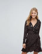 Nobody's Child Long Sleeve Wrap Dress In Cherry Print - Black