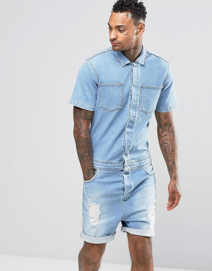 Asos Denim Boiler Suit With Rips In Light Wash - Bleach Blue