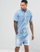 Asos Denim Boiler Suit With Rips In Light Wash - Bleach Blue