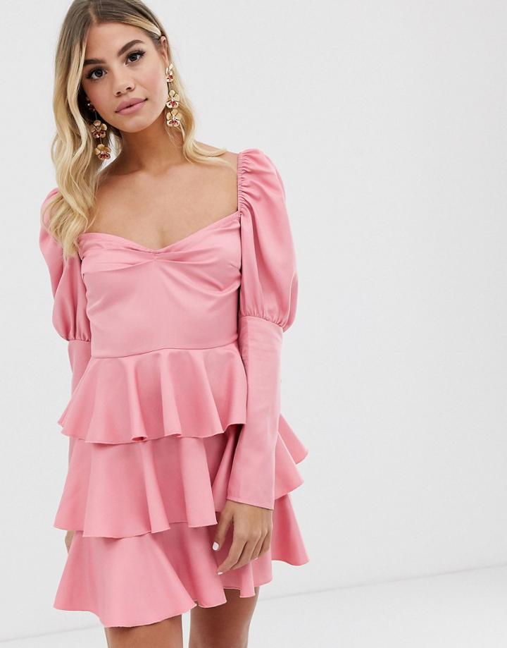 In The Style Off Shoulder Tiered Mini Dress In Pink - Pink