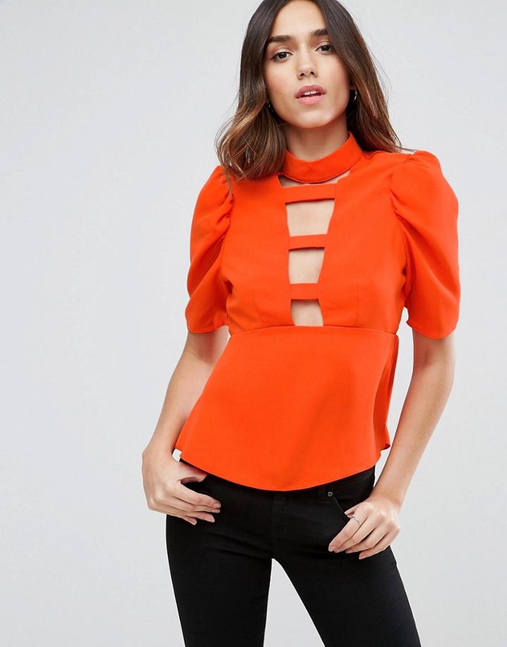 Asos Ladder Plunge Front Blouse With 80s Sleeve - Red