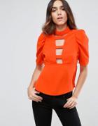 Asos Ladder Plunge Front Blouse With 80s Sleeve - Red