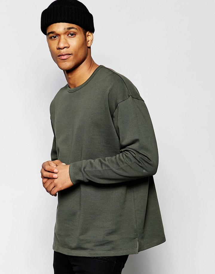 Asos Oversized Sweatshirt With Fixed Hem In Khaki - Forest Nights