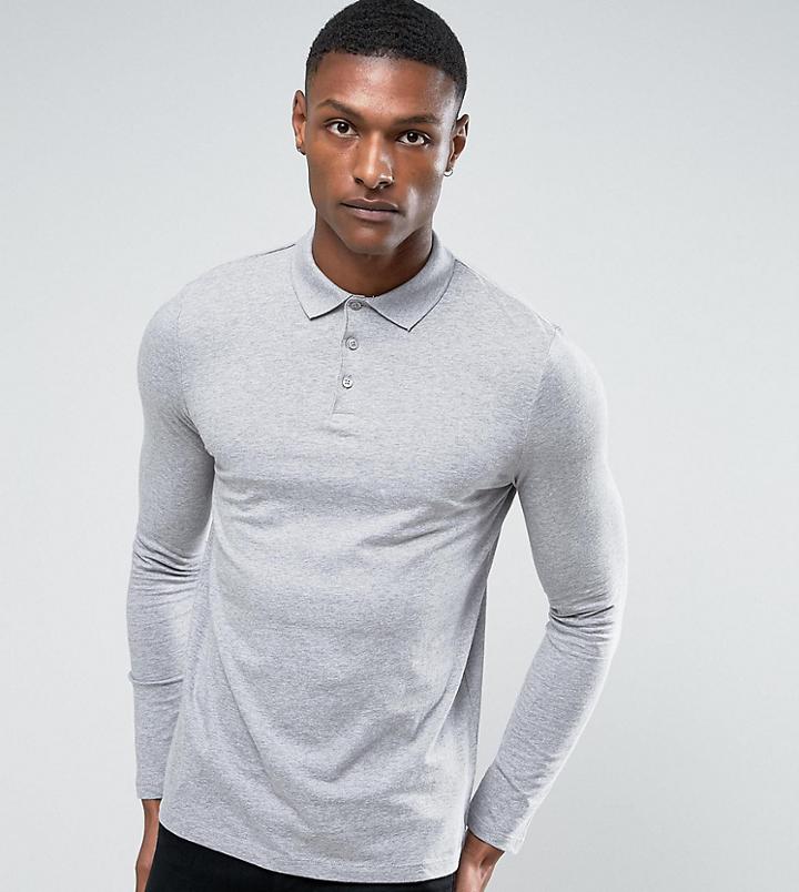 Asos Tall Long Sleeve Jersey Polo In Gray Marl - Gray