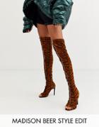 Asos Design Kyoko Peep Toe Thigh High Boots In Tiger - Navy