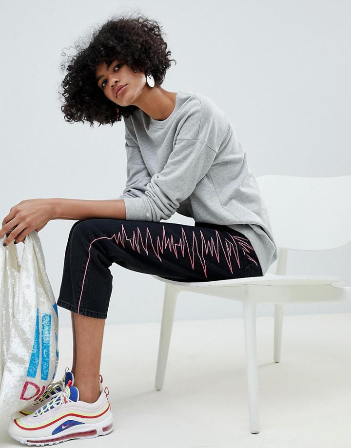 Asos Design Florence Authentic Straight Leg Jeans In Washed Black With Neon Side Detail