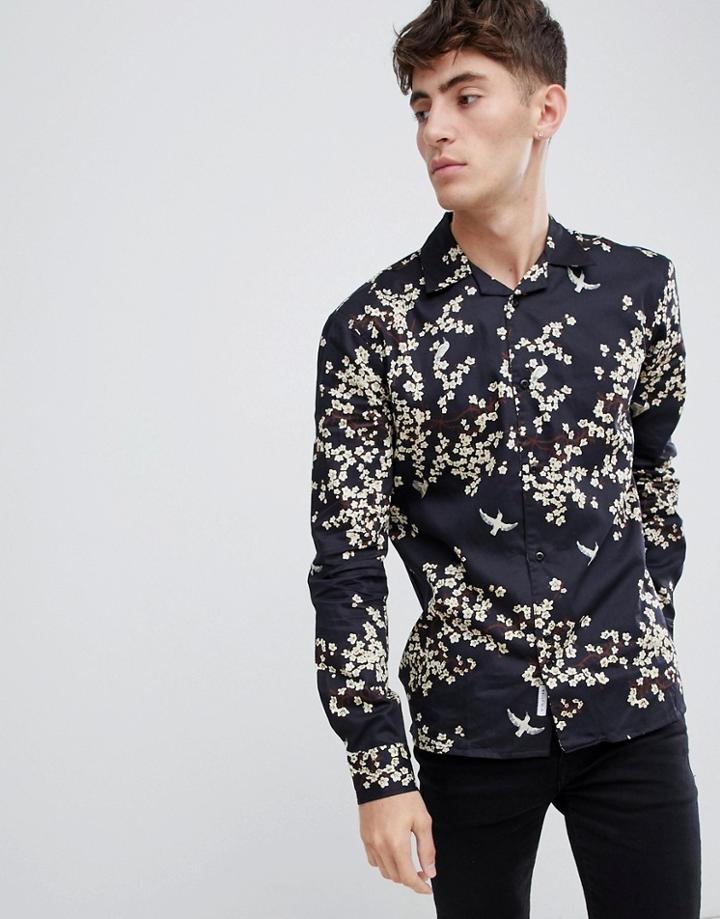 Bellfield Revere Collar Shirt With Blossom Print - Black