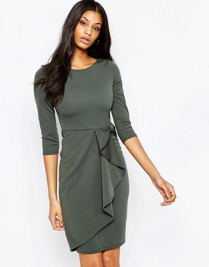City Goddess Midi Dress With Waterfall Bow Detail - Khaki