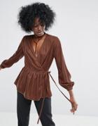 Asos Premium Wrap Blouse Top In Velvet - Pink