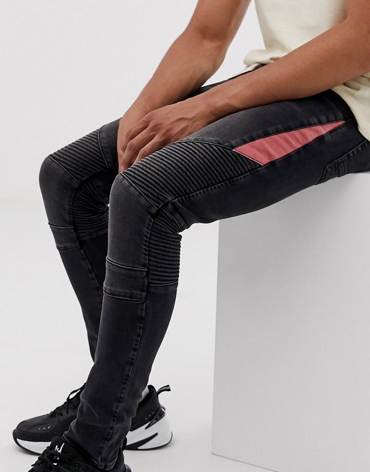 Asos Design Super Skinny Biker Jeans In Washed Black With Red Panel