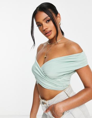 Asos Design Cross Over Bardot Top With Short Sleeves In Sage-pink