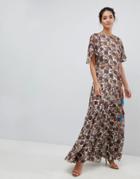Traffic People Chiffon Printed Belted Maxi Dress - Cream