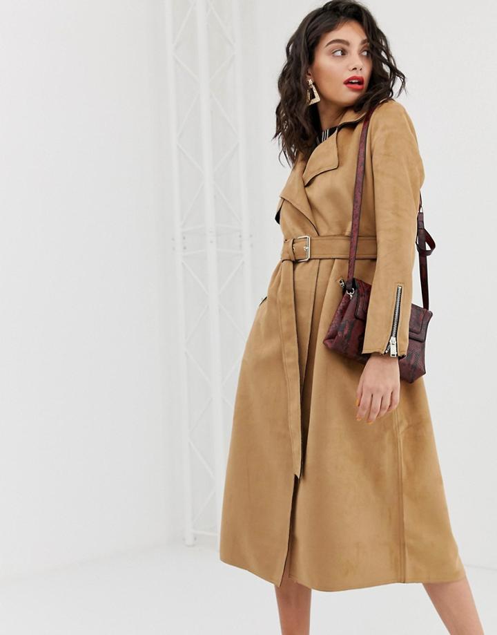 River Island Suedette Trench Coat With Belt In Camel-beige