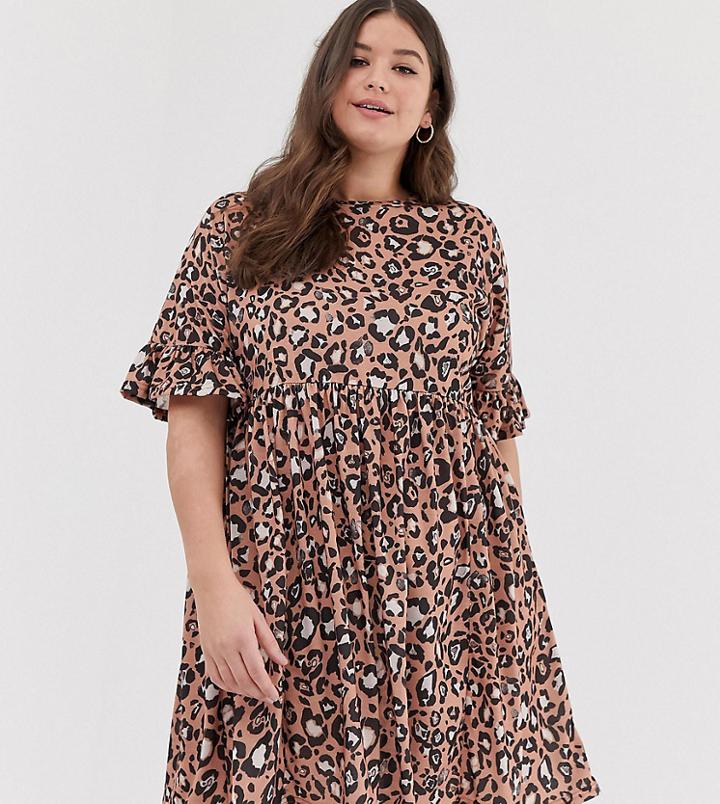 Asos Design Curve Frill Sleeve Smock Dress In Leopard Print - Multi