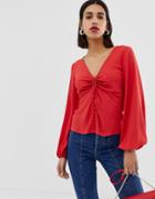 Asos Design Long Sleeve Tea Blouse With Ruched Detail-red