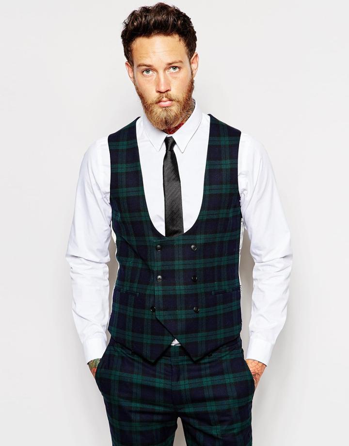 Noose & Monkey Plaid Vest With Stretch In Super Skinny Fit - Green