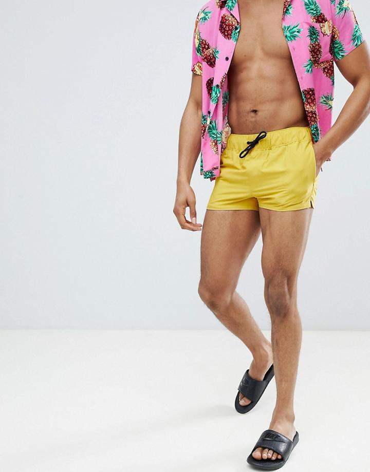 Asos Design Swim Shorts In Mustard Yellow In Super Short Length - Pink