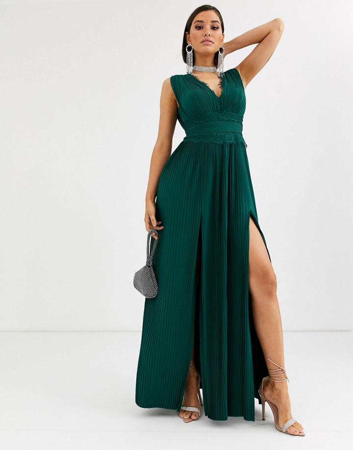 Asos Design Fuller Bust Premium Lace Insert Pleated Maxi Dress-green