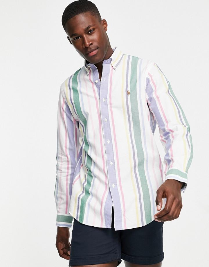 Polo Ralph Lauren Player Logo Multi Stripe Oxford Shirt Button Down Custom Regular Fit In White