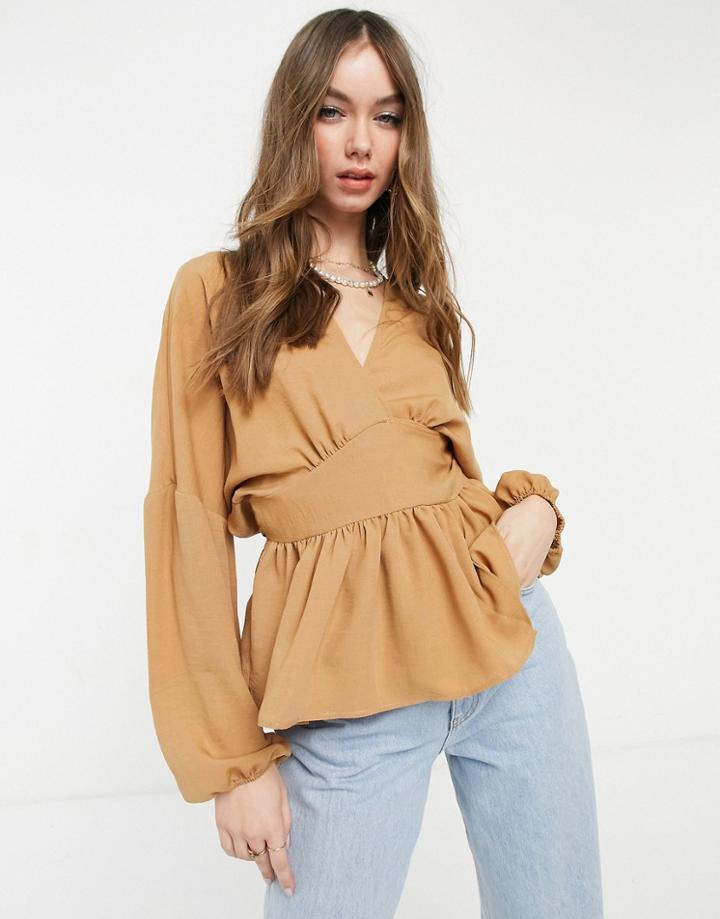 Asos Design Long Sleeve Wrap Front Top In Camel-brown
