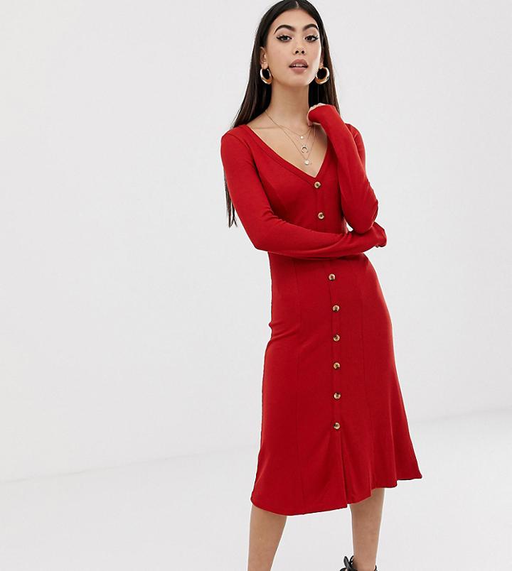 Asos Design Petite Rib Button Through Midi Dress - Orange