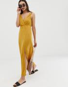 Asos Design Wrap Maxi Dress With Faux Tortoiseshell Ring Detail - Yellow